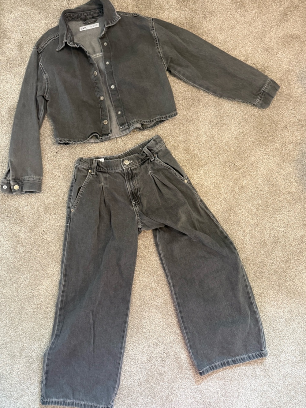 Zara Kids Charcoal Grey Denim Shirt (9-10) and Wide-Leg Jeans (size 8) Set